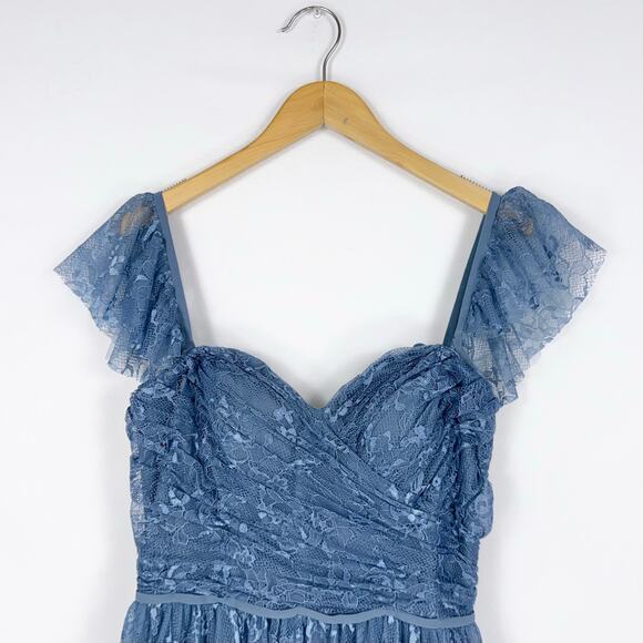 Mori Lee Madeline Gardner Women's Off Shoulder Lace Dress Size 12 Blue Bridal - Picture 5 of 16